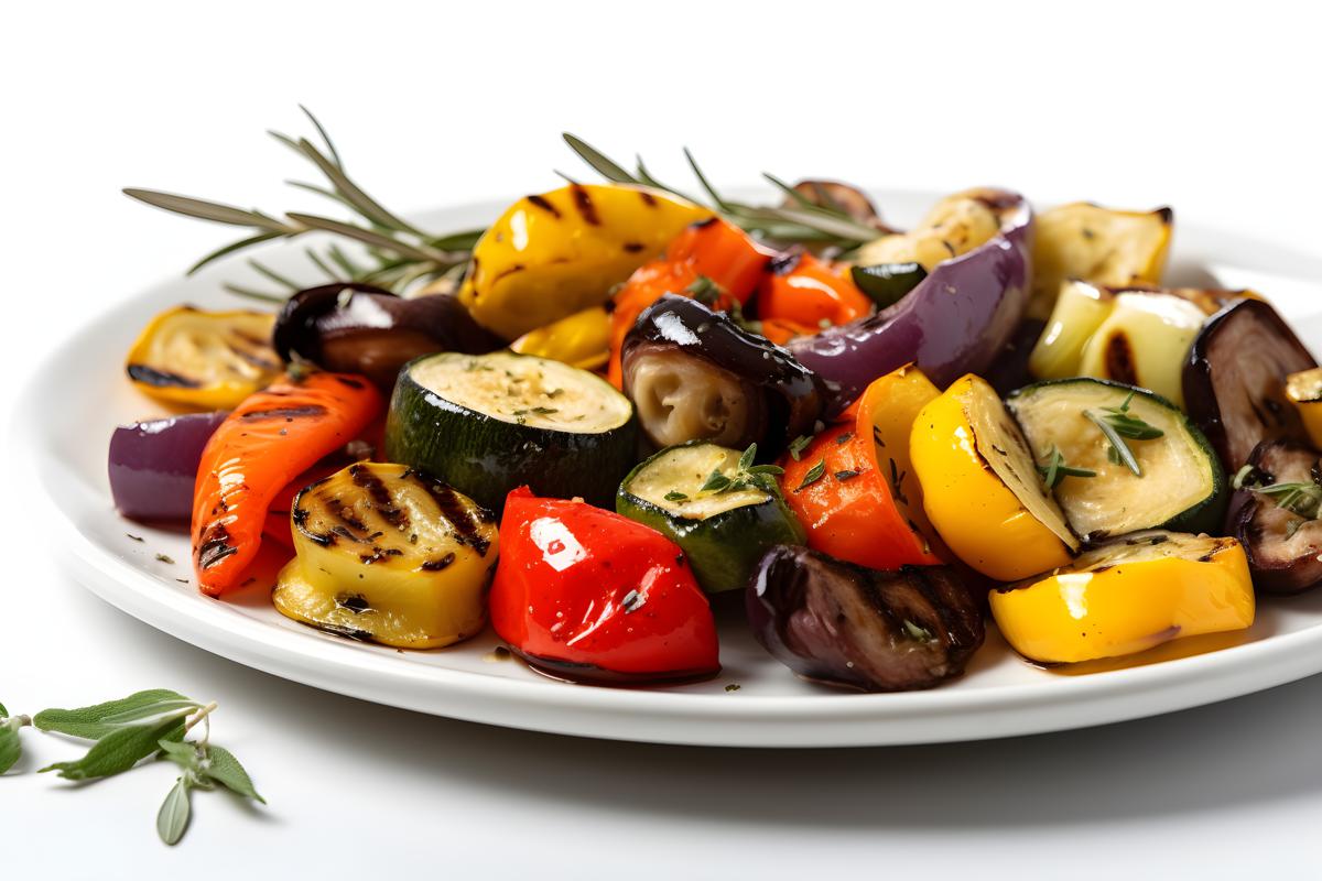 A platter of grilled vegetables with olive oil and herbs, close-up, white background, realism, hd, 35mm photograph, sharp, sharpened, 8k picture