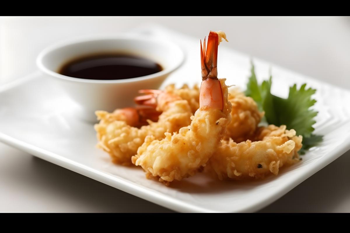 A tray of crispy tempura shrimp with dipping sauce., close-up, white background, realism, hd, 35mm photograph, sharp, sharpened, 8k picture