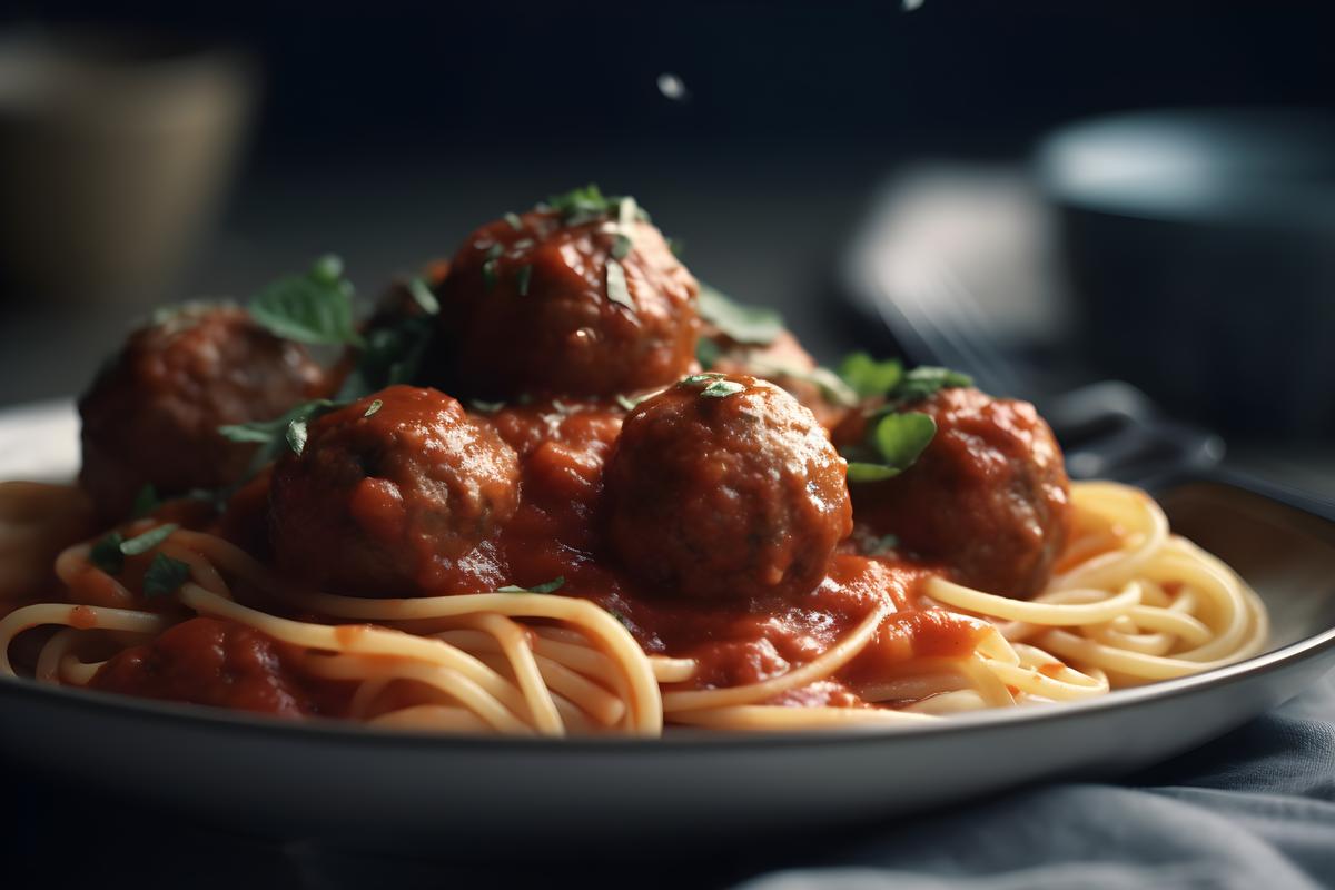 A plate of spaghetti and meatballs with tomato sauce, close-up, white background, realism, hd, 35mm photograph, sharp, sharpened, 8k picture