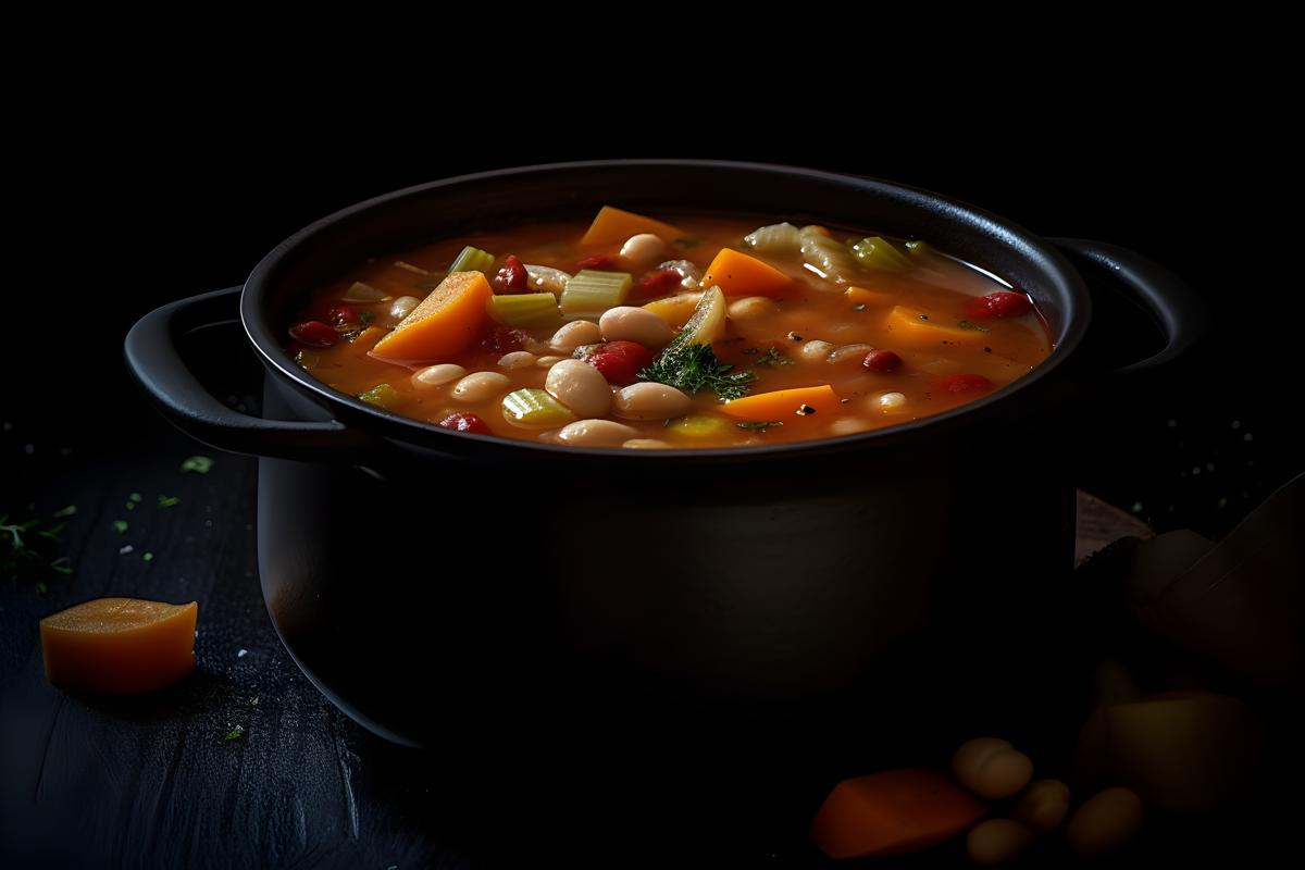 A pot of hearty minestrone soup with beans and vegetables, macro close-up, black background, realism, hd, 35mm photograph, sharp, sharpened, 8k picture